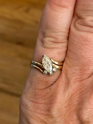 Vtg.  14k Yellow Gold Diamond Engagement Wedding Ring Set Marquise Cut Size 6.  75