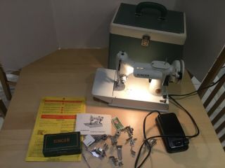 Vintage Singer Featherweight White 221k Sewing Machine Case,  Attachments