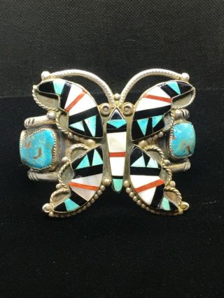 Vintage Sterling Turquoise Navajo Cuff Zuni Multi - Stone Inlay Butterfly - 131g