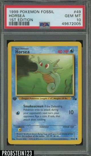 1999 Pokemon Fossil 1st Edition 49 Horsea Psa 10 Gem
