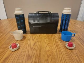 Vintage Aladdin Industries Black Metal Dome Top Lunch Box With Two Thermos ' s 2