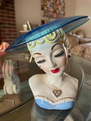 Rare Vintage Lady Head Vase Blue Glass Hat Gal Headvase Read Addendum