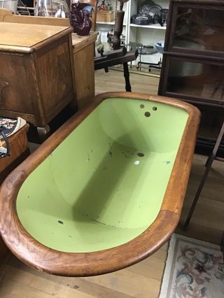 Antique Painted Bathtub Oak Trim Wood Rim