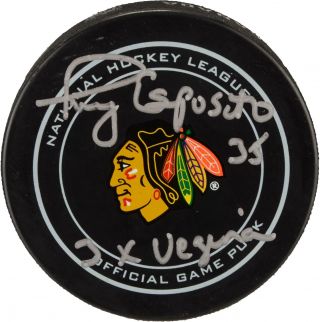 Tony Esposito Chicago Blackhawks Signed Official Game Puck With 3x Vezina Insc