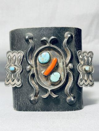 EARLY AUTHENTIC VINTAGE NAVAJO TURQUOISE CORAL STERLING SILVER KETOH BRACELET 2