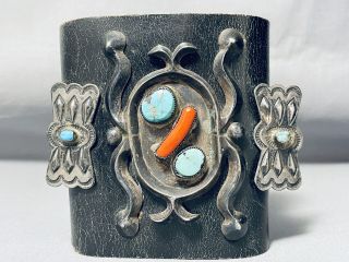 EARLY AUTHENTIC VINTAGE NAVAJO TURQUOISE CORAL STERLING SILVER KETOH BRACELET 3