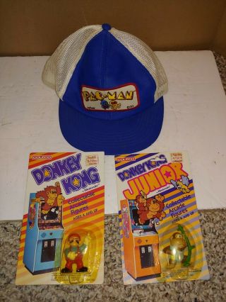 Vintage 1981 Midway Pac - Man Hat,  Moc Donkey Kong,  Junior Nintendo Coleco Figures