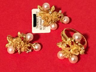 Vtg 14k Yellow Gold,  Diamond,  Pearl Cluster Cocktail Ring And Earrings.  18 Grams