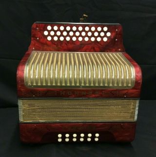 Vintage Hohner Corona Ii Classic Button Accordion Red Mother Of Pearl Housing