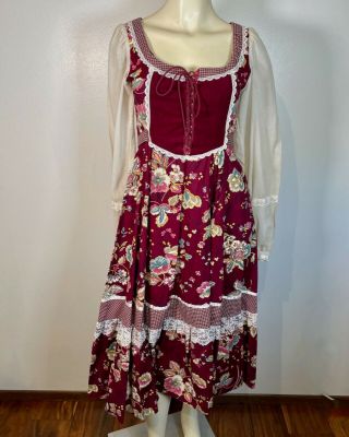 Vintage Gunne Sax By Jessica Midi Dress Size 9 Red Floral Cottage Core