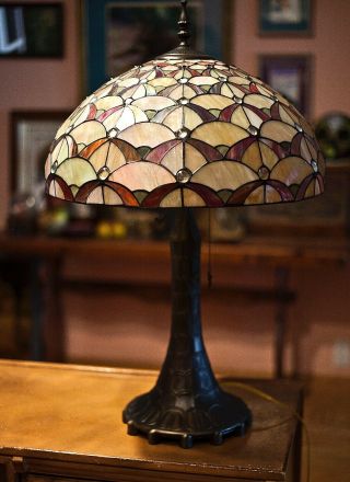 Vintage Large Tiffany Style Stained Glass 2 Light Table Lamp Hand Made 20 X 32