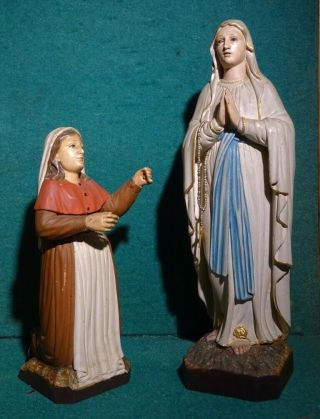 Our Lady Of Lourdes & St Bernadette Antique 257 & 185mm Wood Statues