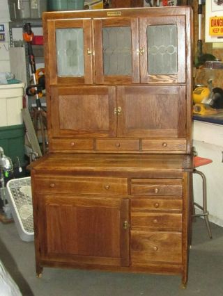 Antique Rare Wood Top Oak Hoosier Cabinet With Etched Glass