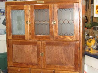 Antique Rare Wood Top Oak Hoosier Cabinet with etched glass 2