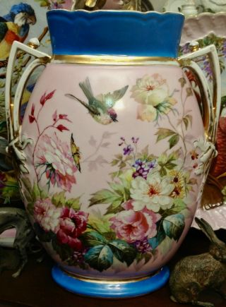 Large Antique 19th C Old Paris Porcelain Vase W Hand Painted Bird & Flowers