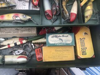 Old Metal Tackle Box Full Of Vintage Fishing Lures Some W/boxes Etc.