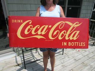 Vintage 1954 Drink Coca Cola In Bottles Porcelain Sled Sign 44  X 16
