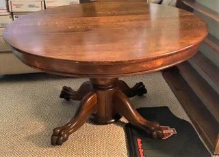 Early American Oak Claw Foot Round Dining Table Antique Vintage