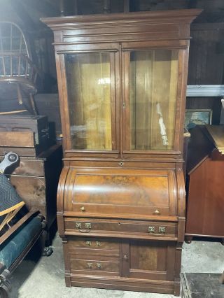 1880s Walnut Victorian Cylinder Roll Desk With Bookcase Top