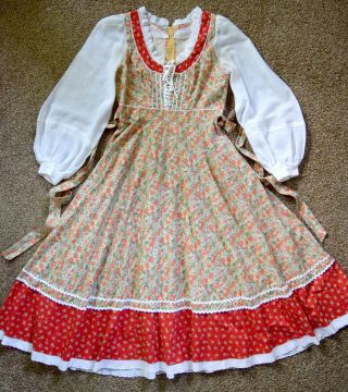 Gunne Sax Dress Vintage 1970s Prairie Beige Red Calico Floral - Please Read