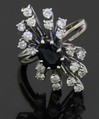 Vintage 18k Wg 2.  0ct Vs Diamond & Blue Sapphire Cluster Cocktail Ring Size 6.  5