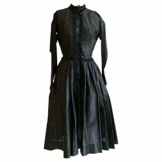 1950s Claire Mccardell For Townley Vtg Black Button Front Dress Lace Trim Xs
