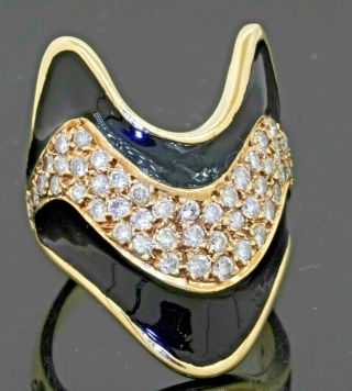 Vintage Heavy 14k Gold 1.  44ct Diamond Cluster Enamel Wide Cocktail Ring Size 7.  5