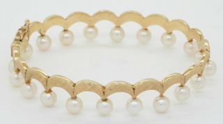Vintage heavy 14K gold 5mm pearl crown florentine hinged bangle bracelet 2