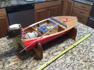 Vintage Rc Wooden Boat With Outboard Engine Motor With Display Stand