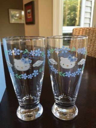 Nib Vintage Hello Kitty Sanrio 2000 Rare Blue Angel Footed Drinking Glasses - 2
