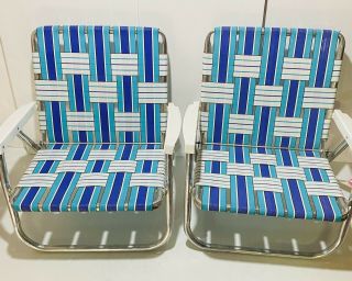 2 Vintage Aluminum Folding Webbed Blue Turquoise Sand Beach Lawn Chair Metal
