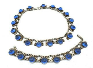 Vtg Pre Eagle Sterling Silver Taxco Art Deco Blue Glass Bracelet Necklace Set