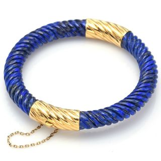 Vintage 14k Yellow Gold Lapis Lazuli Grooved Hinged Bangle Bracelet 33.  3g 6.  75 "