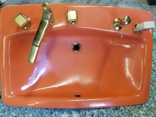 Vintage Kohler Enameled Cast Iron Bathroom Lavatory Sink Tiger Lily 2