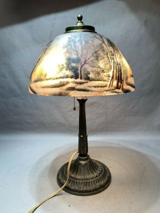 Pittsburgh Reverse Painted Lamp Chipped Ice Shade Forest Landscape Scene Pl Co.