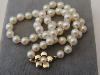 Vintage Saltwater White Akoya 7mm Pearls Necklace 14k Yellow Gold Clasp Cj 8