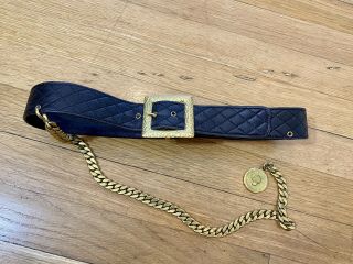 Chanel Vintage Black Leather And Gold Chain Belt