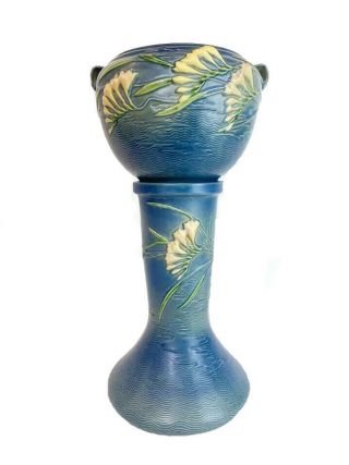 Roseville Blue Freesia Art Pottery Jardiniere And Pedestal “669 - 8” Made In Usa