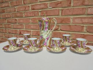 Antique Vintage Nippon Porcelain Chocolate Pot Set Cups Saucers Hp Roses Gold