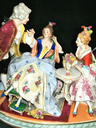 Antique German Dresden Courting Couple 2 Ladies & Man Group Porcelain Figurine