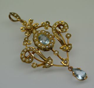 a fine antique Art Nouveau 9ct gold Aquamarine & seed pearl pendant / brooch 2