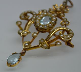 a fine antique Art Nouveau 9ct gold Aquamarine & seed pearl pendant / brooch 4