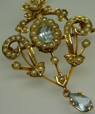 a fine antique Art Nouveau 9ct gold Aquamarine & seed pearl pendant / brooch 5