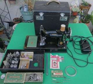 Vintage Singer 221 - 1 Featherweight Sewing Machine With Case & Accessories
