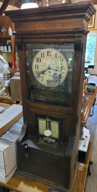 Antique Vintage Cincinnati Time Recorder Punch Clock Large Oak Cabinet