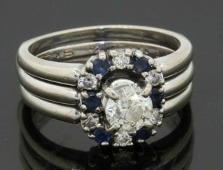 Vintage 14k Wg.  86ctw Diamond/blue Sapphire Bridal/wedding Ring Set W/.  50ct Ctr.
