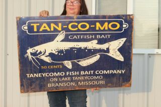 Large Vintage Tan - Co - Mo Catfish Bait Lure Fishing Gas Oil 36 " Metal Sign