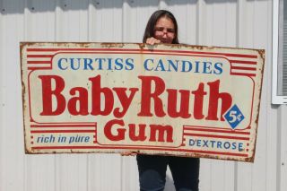 Large Vintage Baby Ruth Chewing Gum Curtiss Candies Gas Oil 48 " Metal Sign