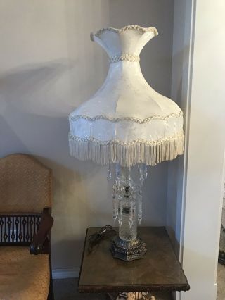 Vintage Hollywood Regency Brass Table Lamp Pointed Prisms Cut Lead Crystal