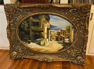 Large Vintage Victorian Ornate Gold Frame Oval Landscape Village Oil Painting